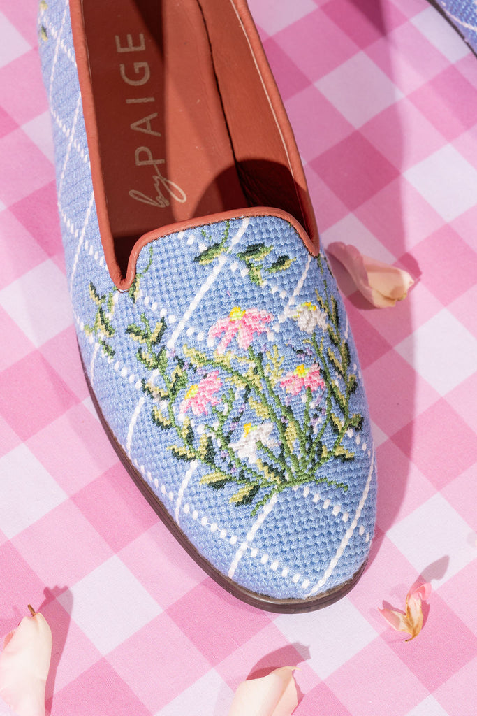 By Paige Women's Needlepoint Loafer in Floral in Blue White Diamond